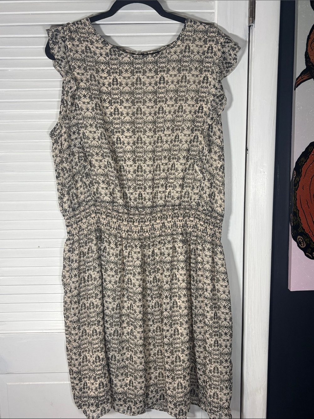 Mossimo Supply Co. Cream and Gray Printed Smocked-Waist Mini Dress